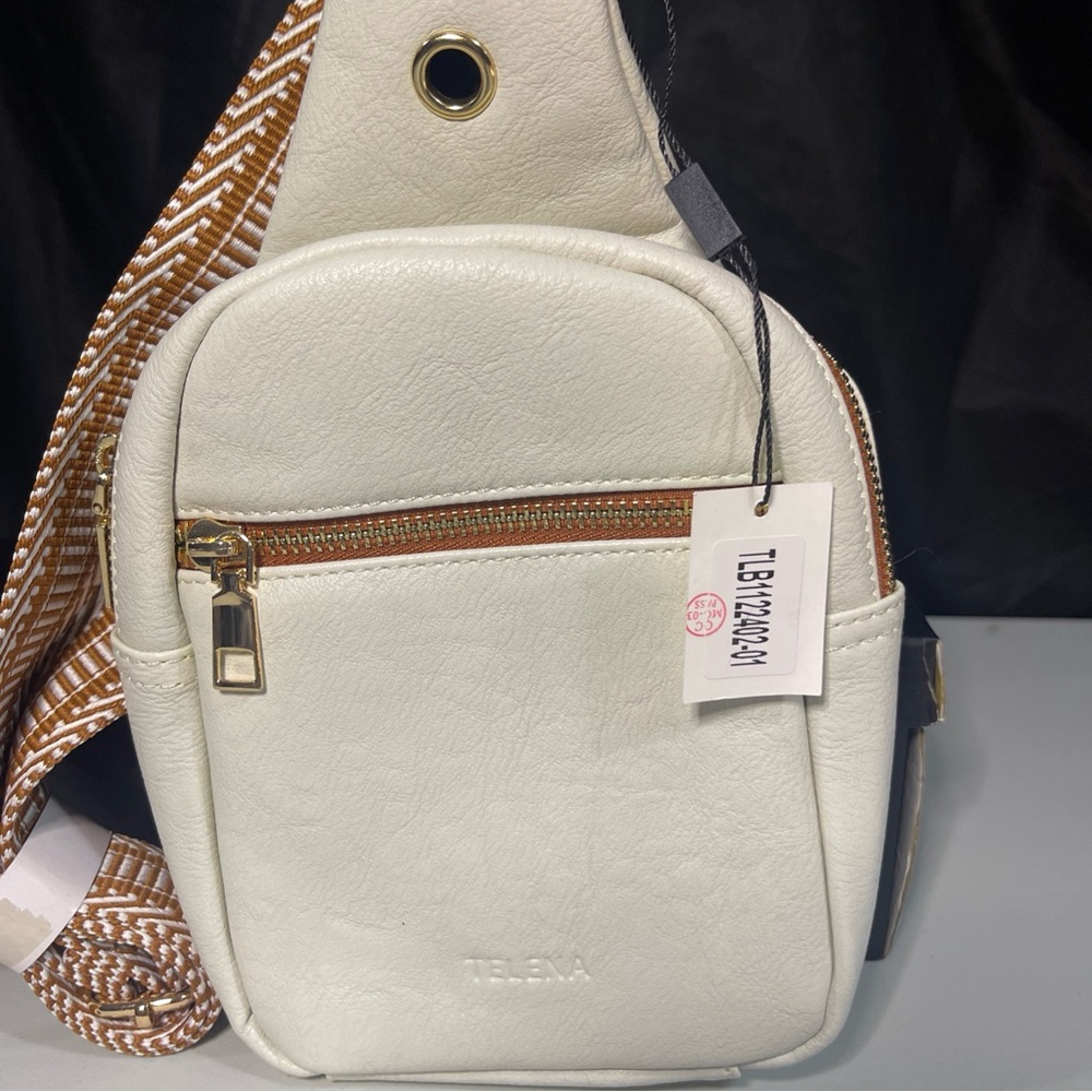 Telena Sling Bag/Cross Body Small Zip Close Beige/w Brown , Gold Hardware NWT